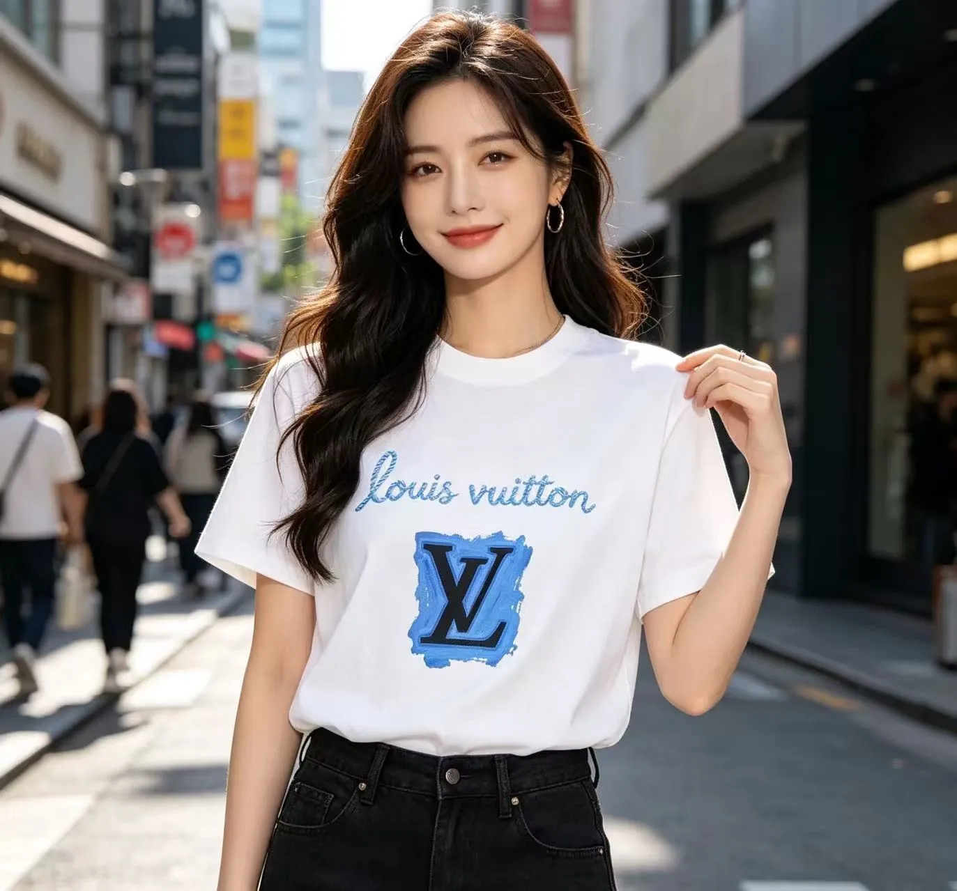 Louis Vuitton/Louis Vuitton blue graffiti LV printed short sleeves